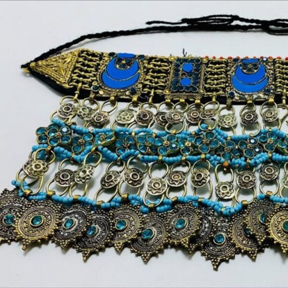 Turquoise Choker Necklace, Tribal Kuchi Afghan Choker With Turquoise Glass Stone - Picture 11 of 12